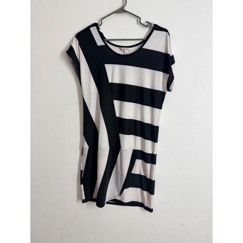 AA Studio AA Black White Striped Dress Size 8 Short Sleeve Geometric Sheath